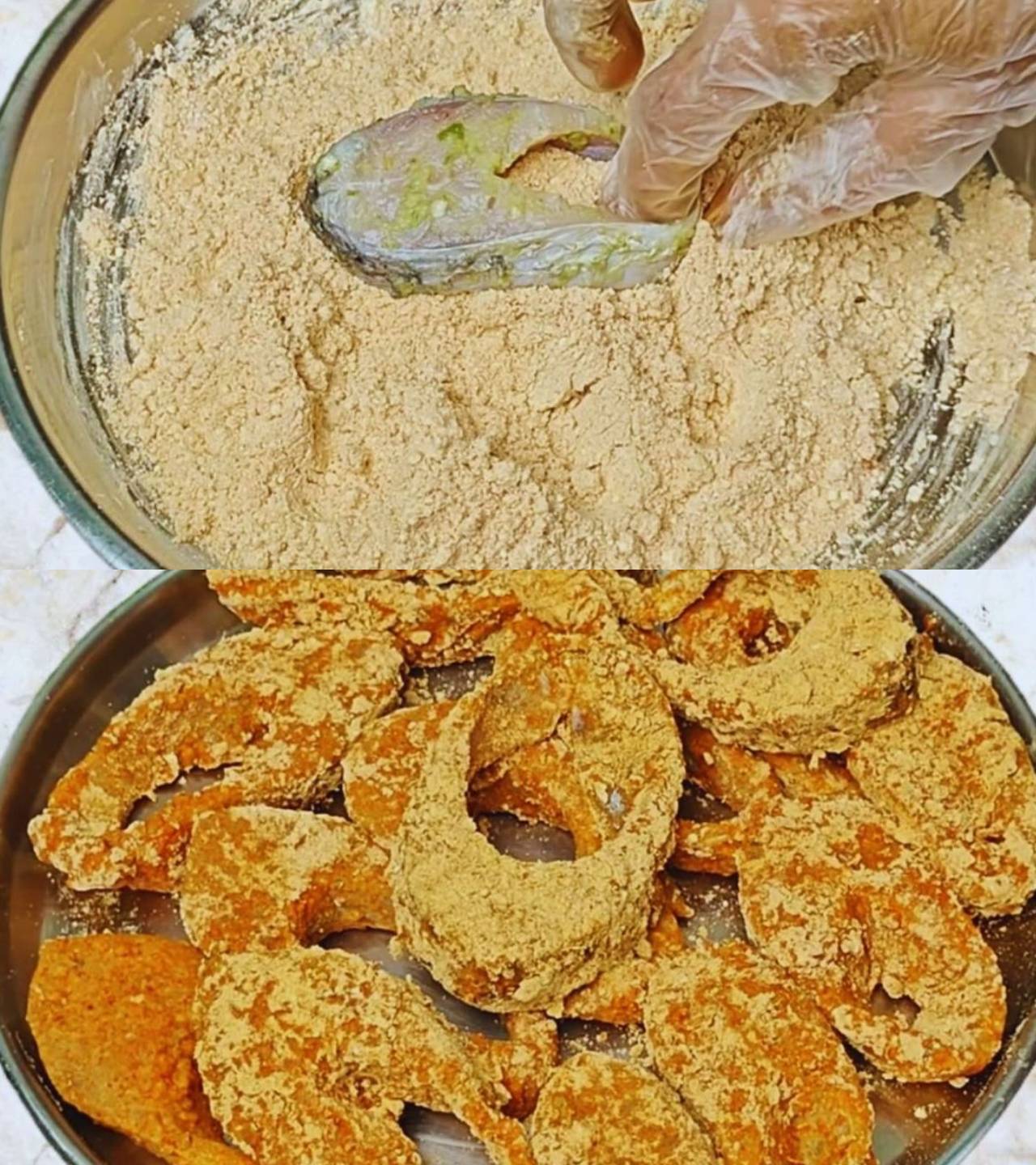 Coating marinated fish pieces 