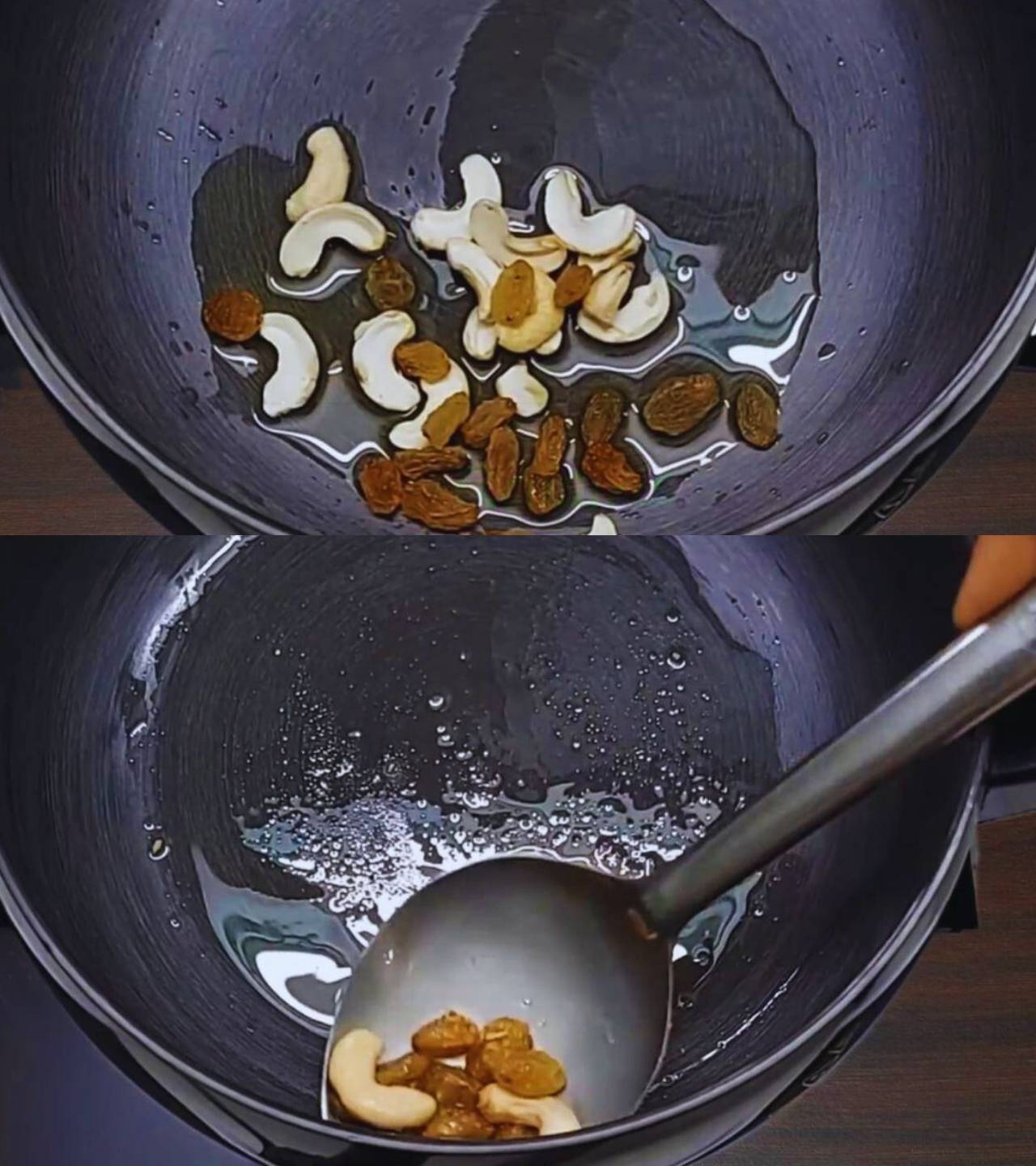 Frying cashew and raisins