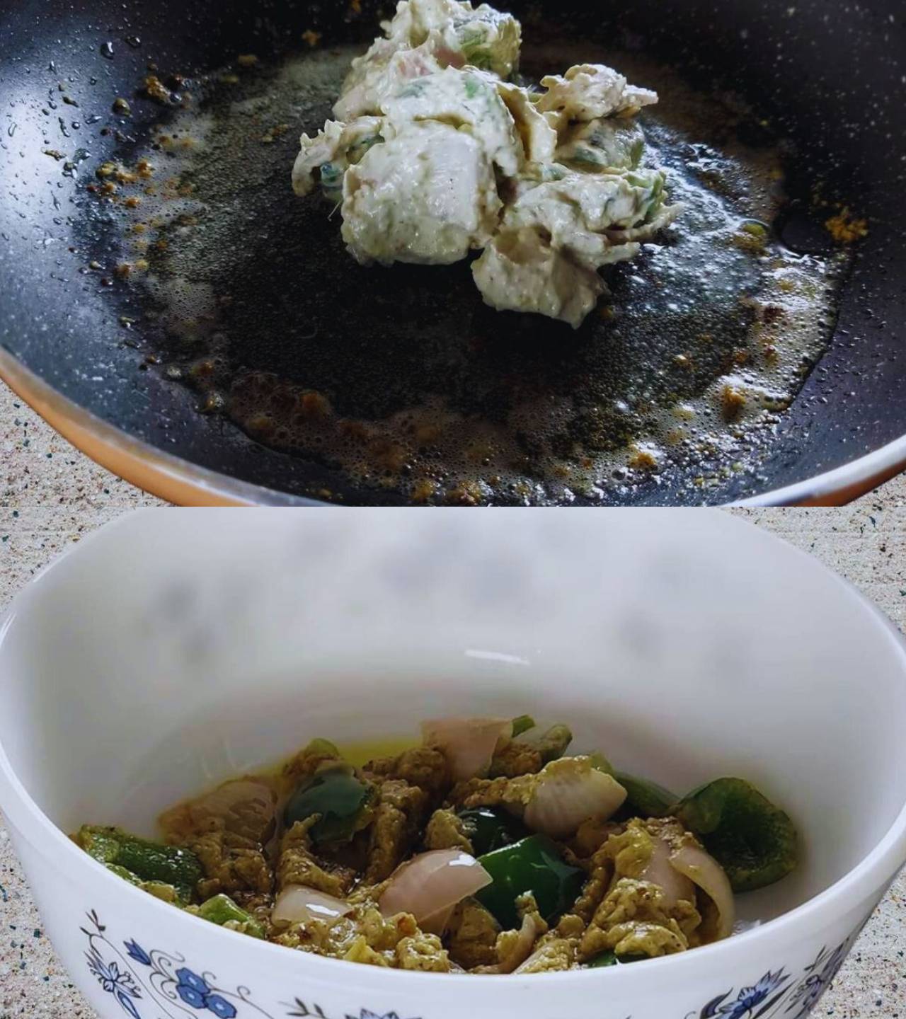 Frying marinated capsicum and onions 