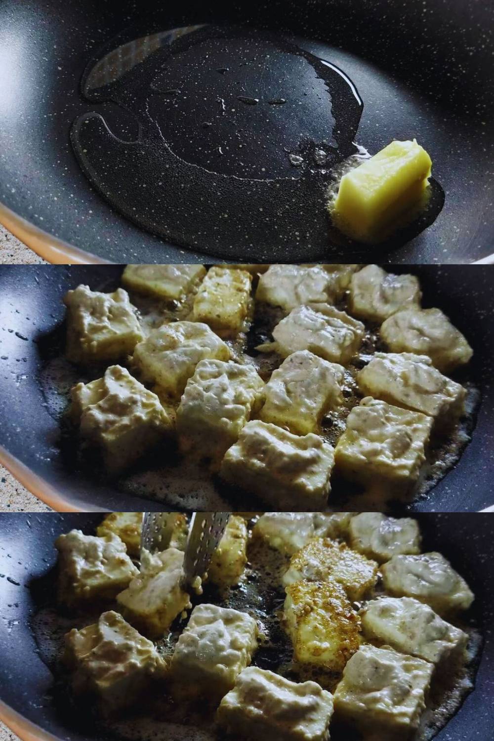 Malai paneer roll recipe step 5 Frying marinated paneer