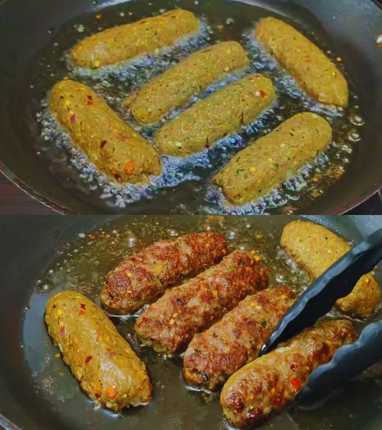 Frying Mutton Seekh Kebabs