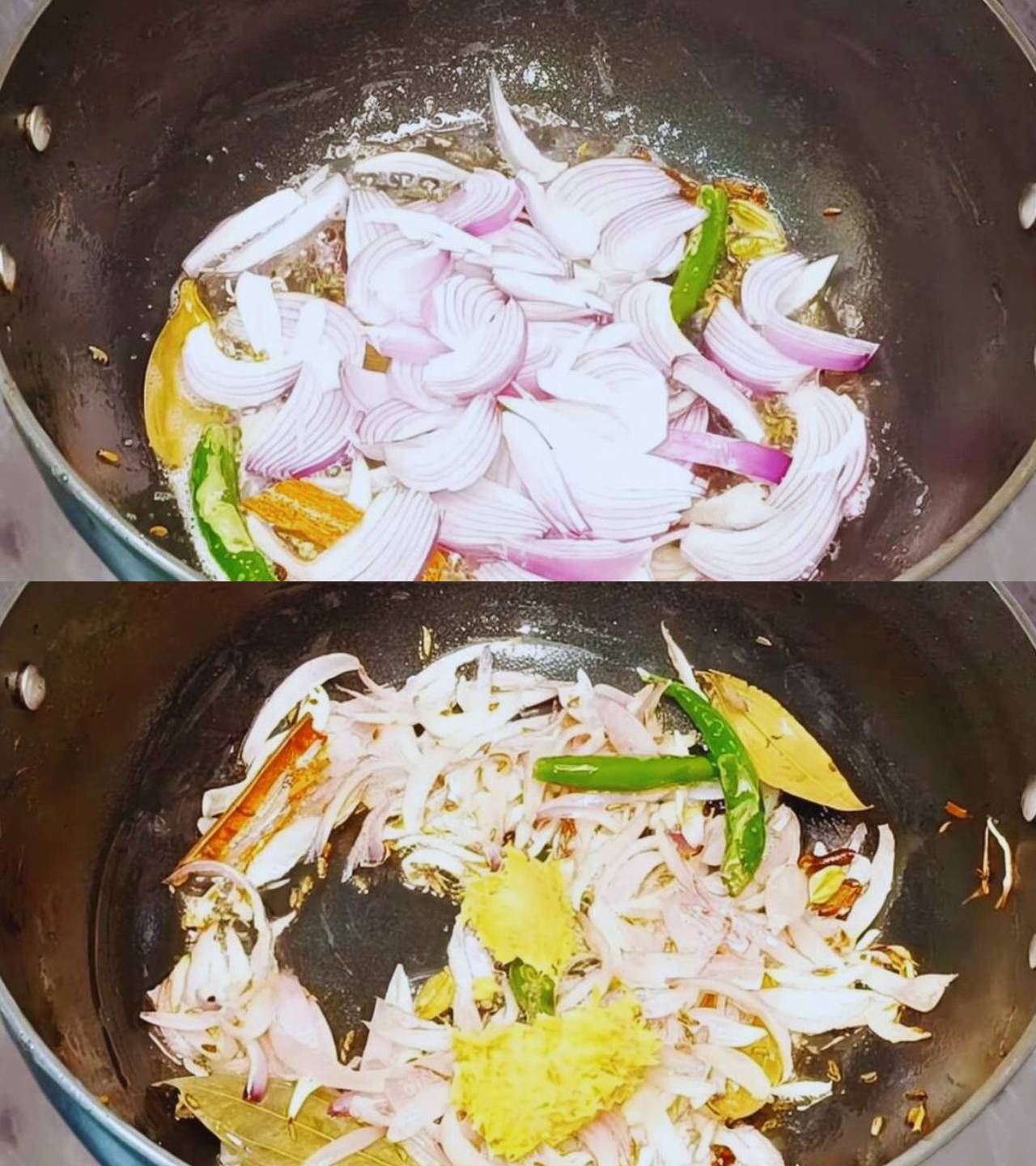 Paneer khichdi recipe step 4 Frying onions and ginger-garlic