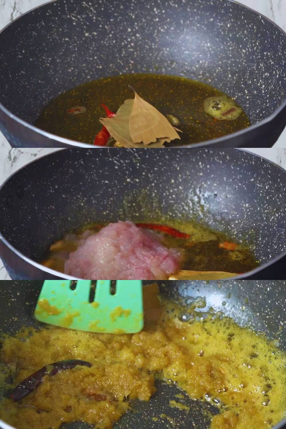 Frying whole spices and onions 