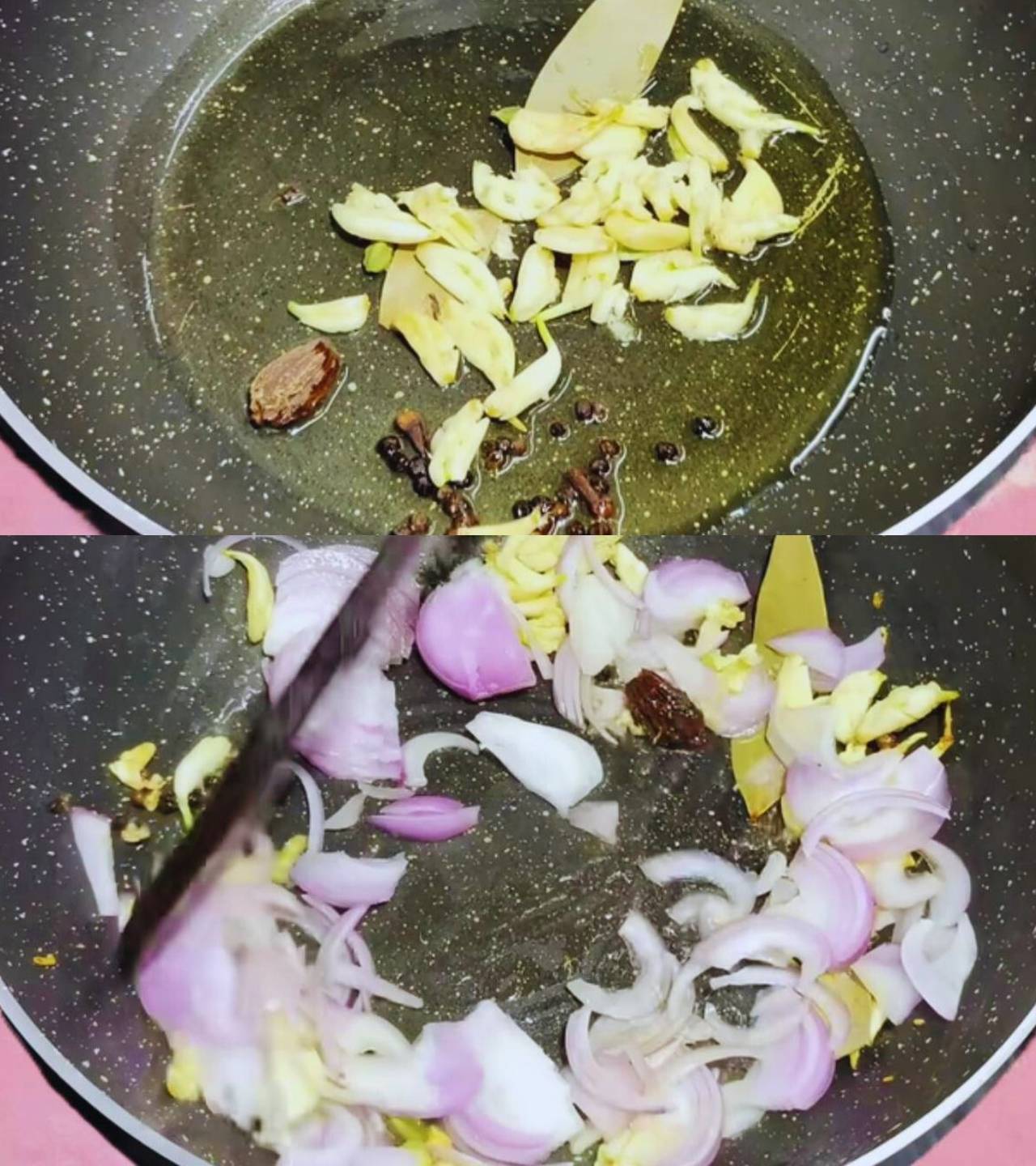 Frying whole spices and onions 