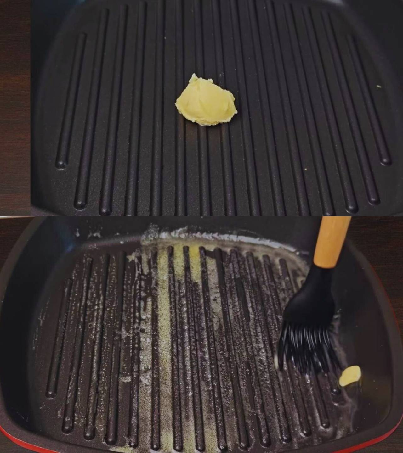 Greasing grilling pan with butter 