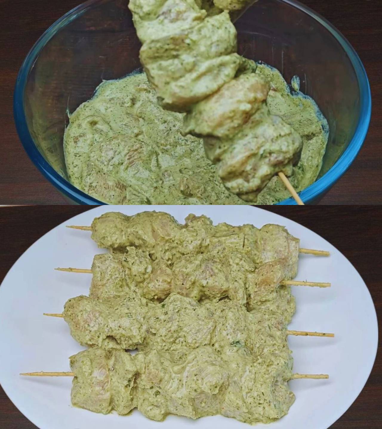 Inserting chicken pieces in skewers 