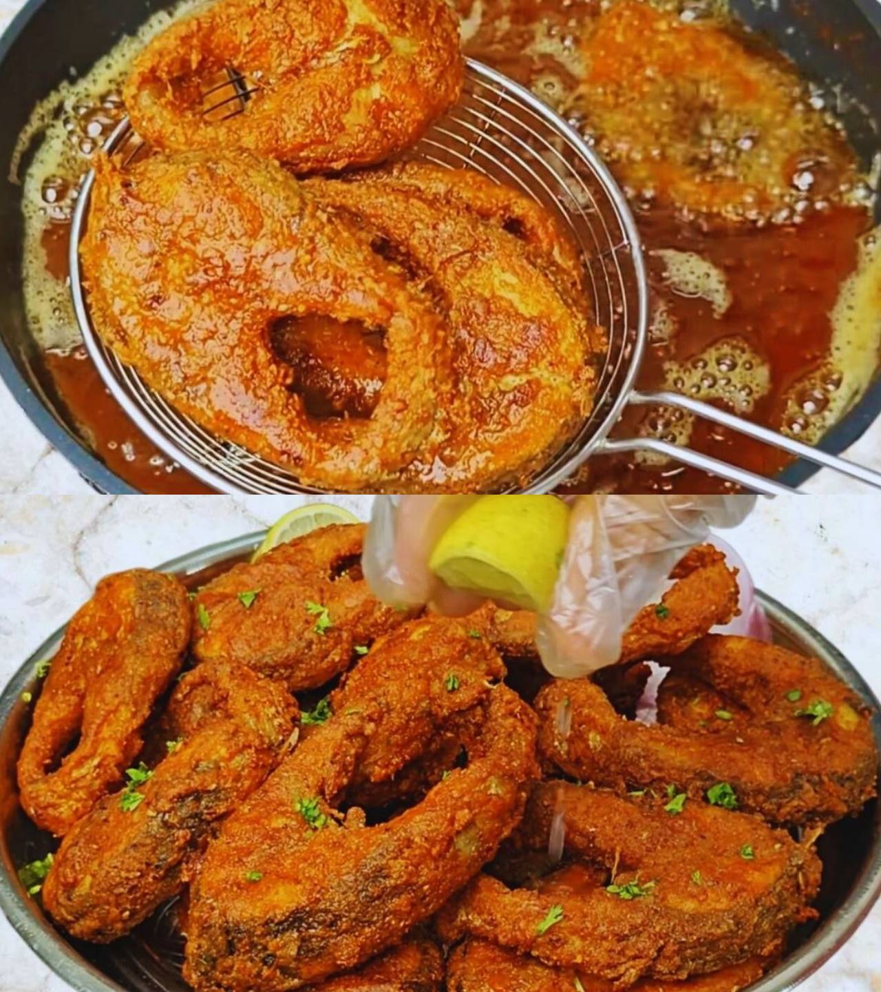 Removing fried fish pieces 