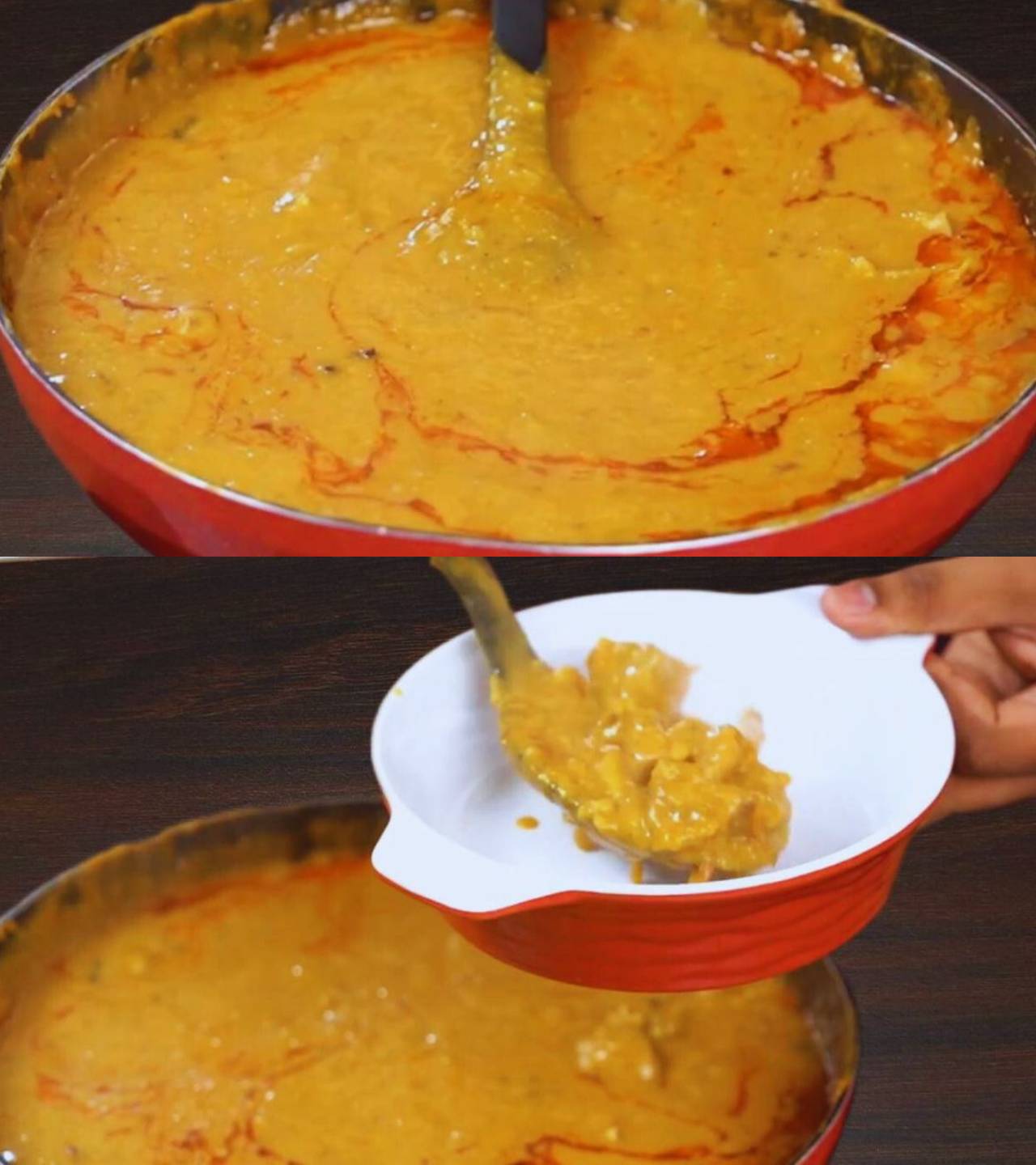 Transferring cooked Mutton Khichdi 