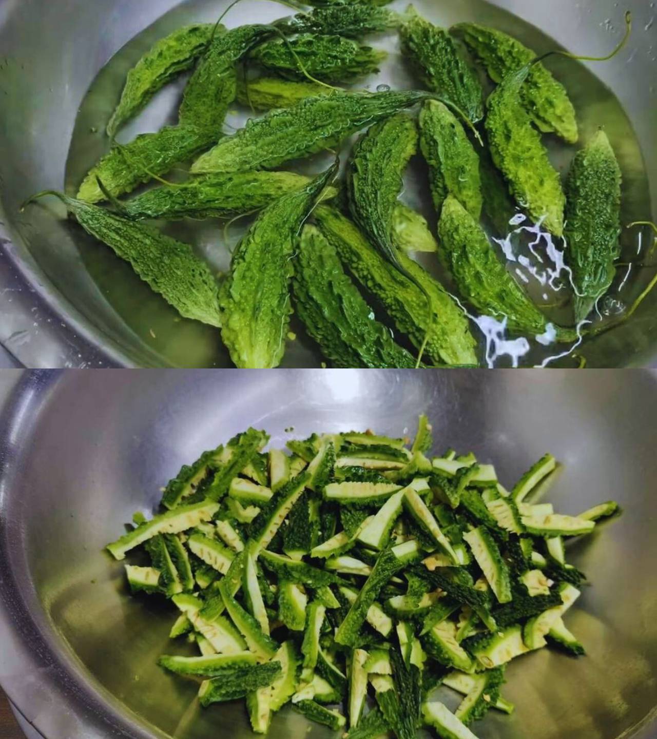 Karela sabji recipe step 1 Washed and cut karela