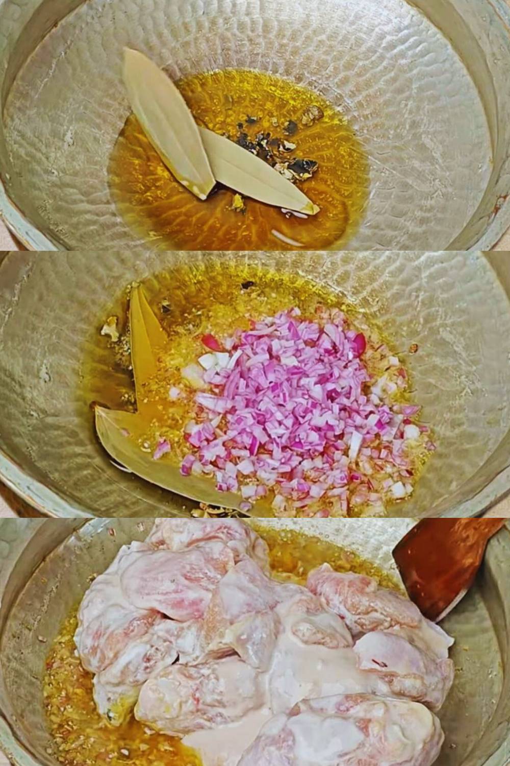 Adding chicken to fried onions and spices 