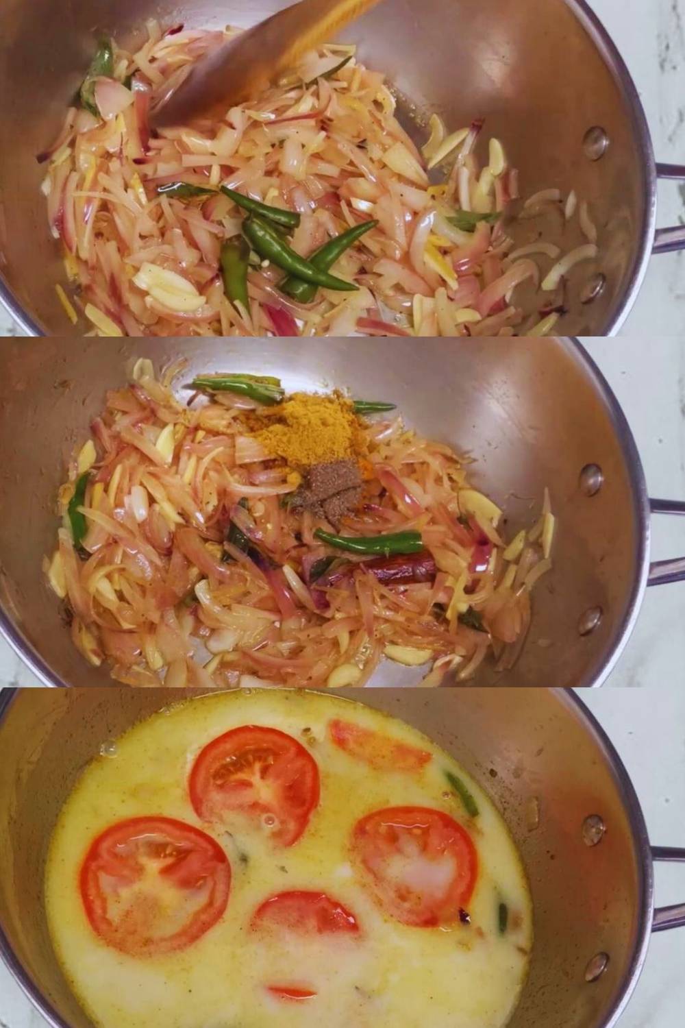 Fish molee recipe step 7 Adding chilies, powdered spices, coconut milk and tomatoes