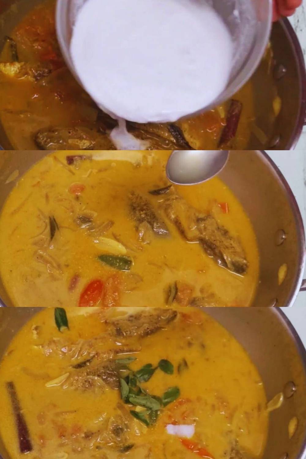 Fish molee recipe step 9 Adding coconut milk, lime juice and curry leaves