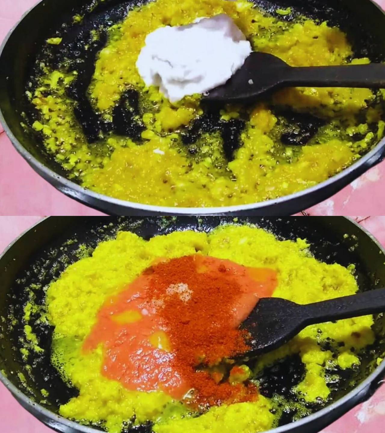 Adding coconut paste, tomato puree and chili powder 