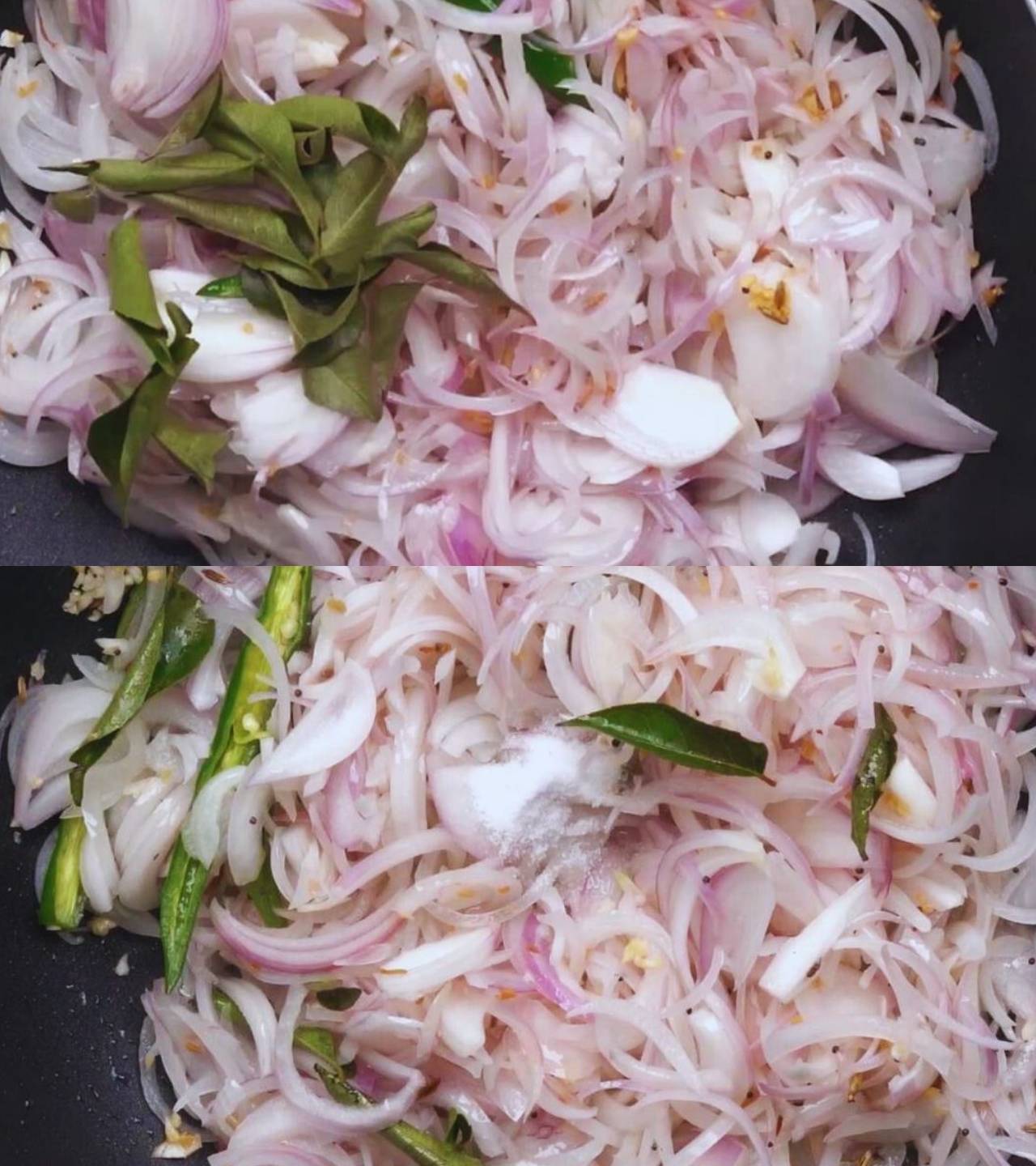 Adding curry leaves and salt
