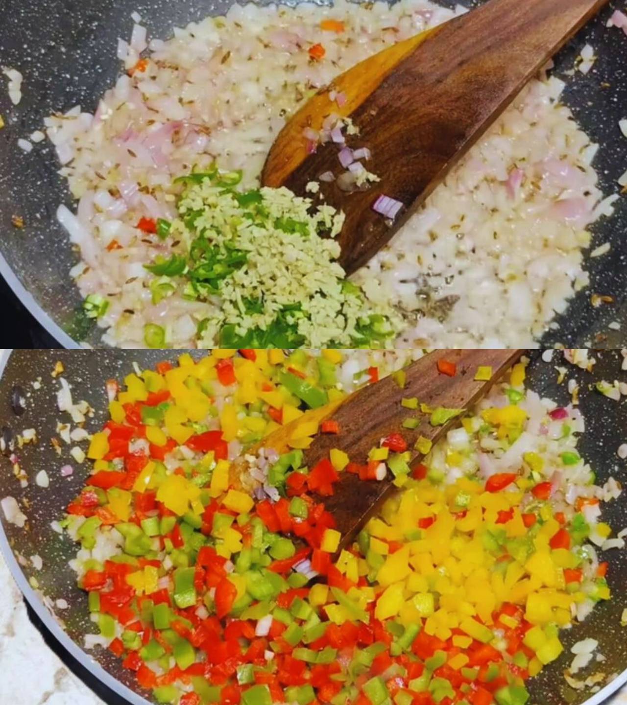 Adding ginger, chilies, and bell pepper 