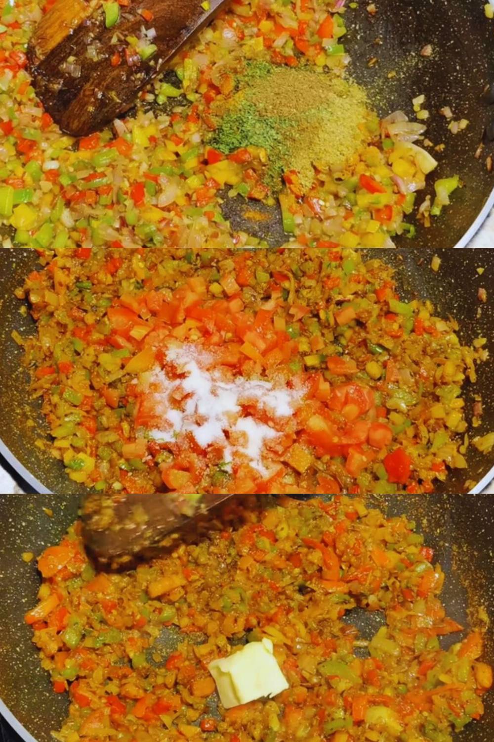 Adding powdered spices, tomato, salt and butter