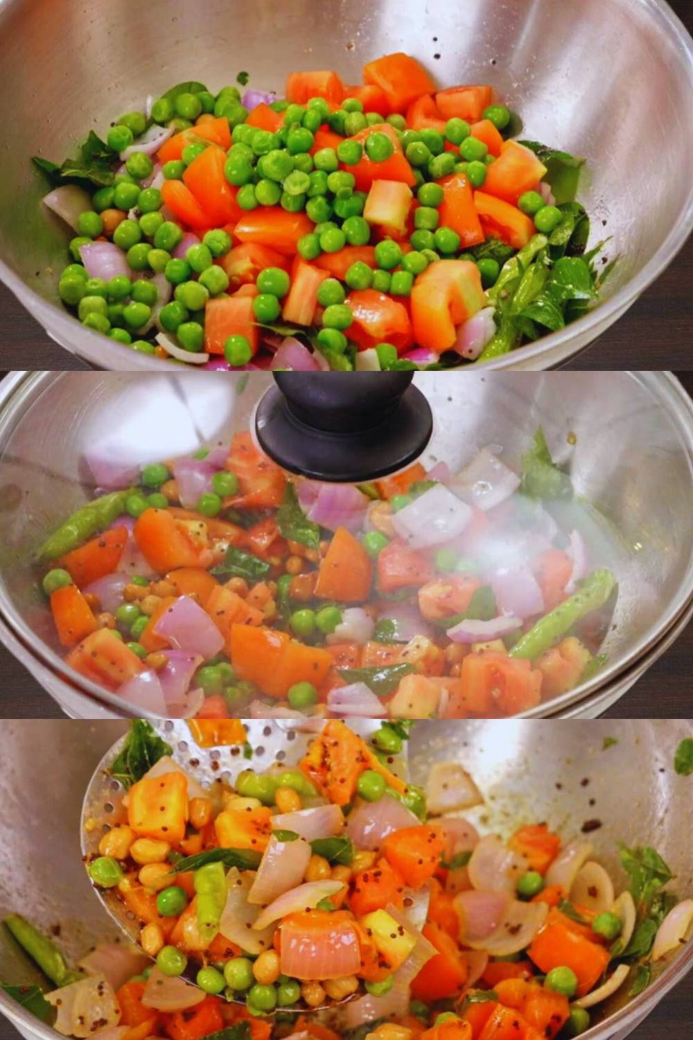 Adding tomatoes and green peas 
