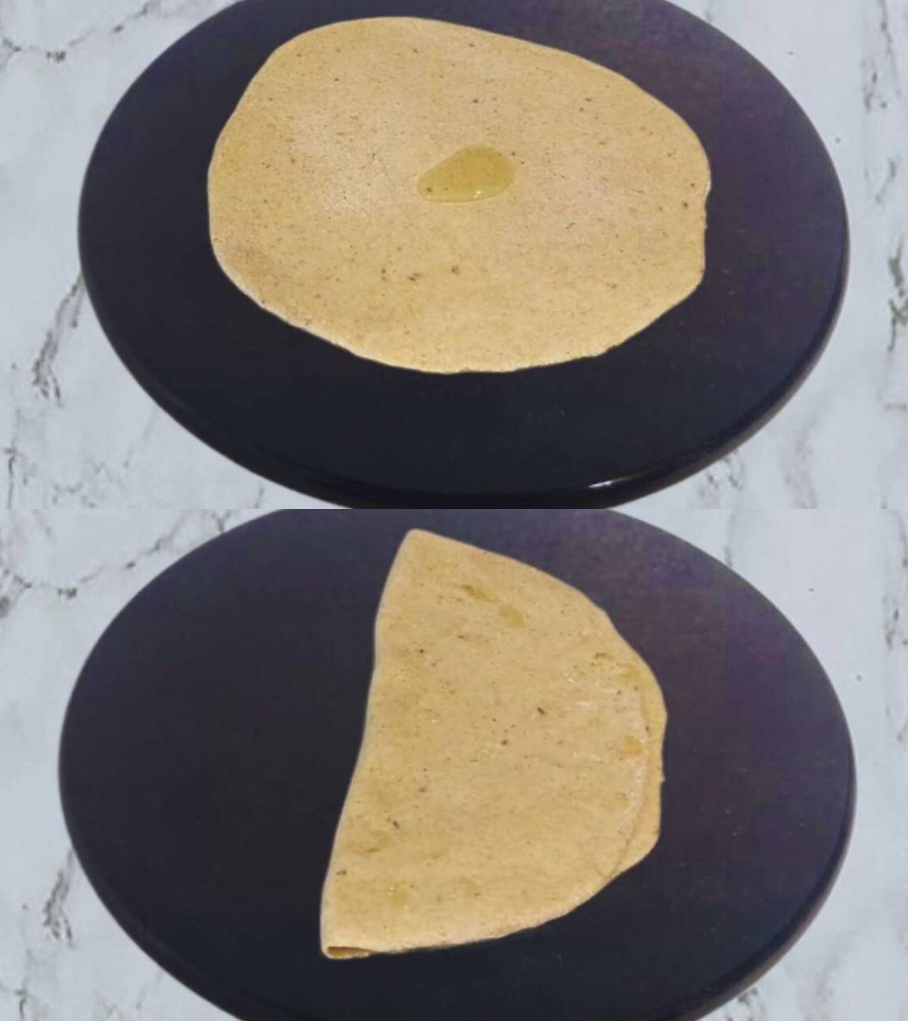 Folding round paratha in half