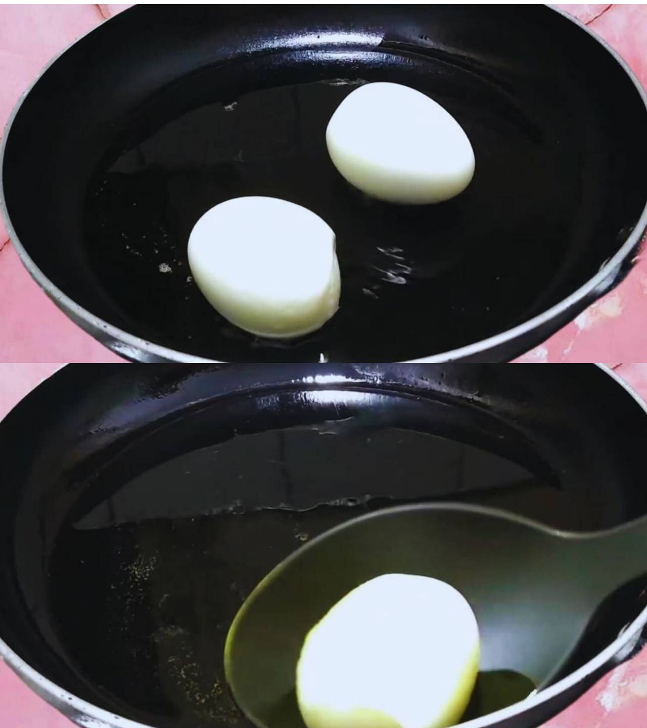 Frying boiled eggs 