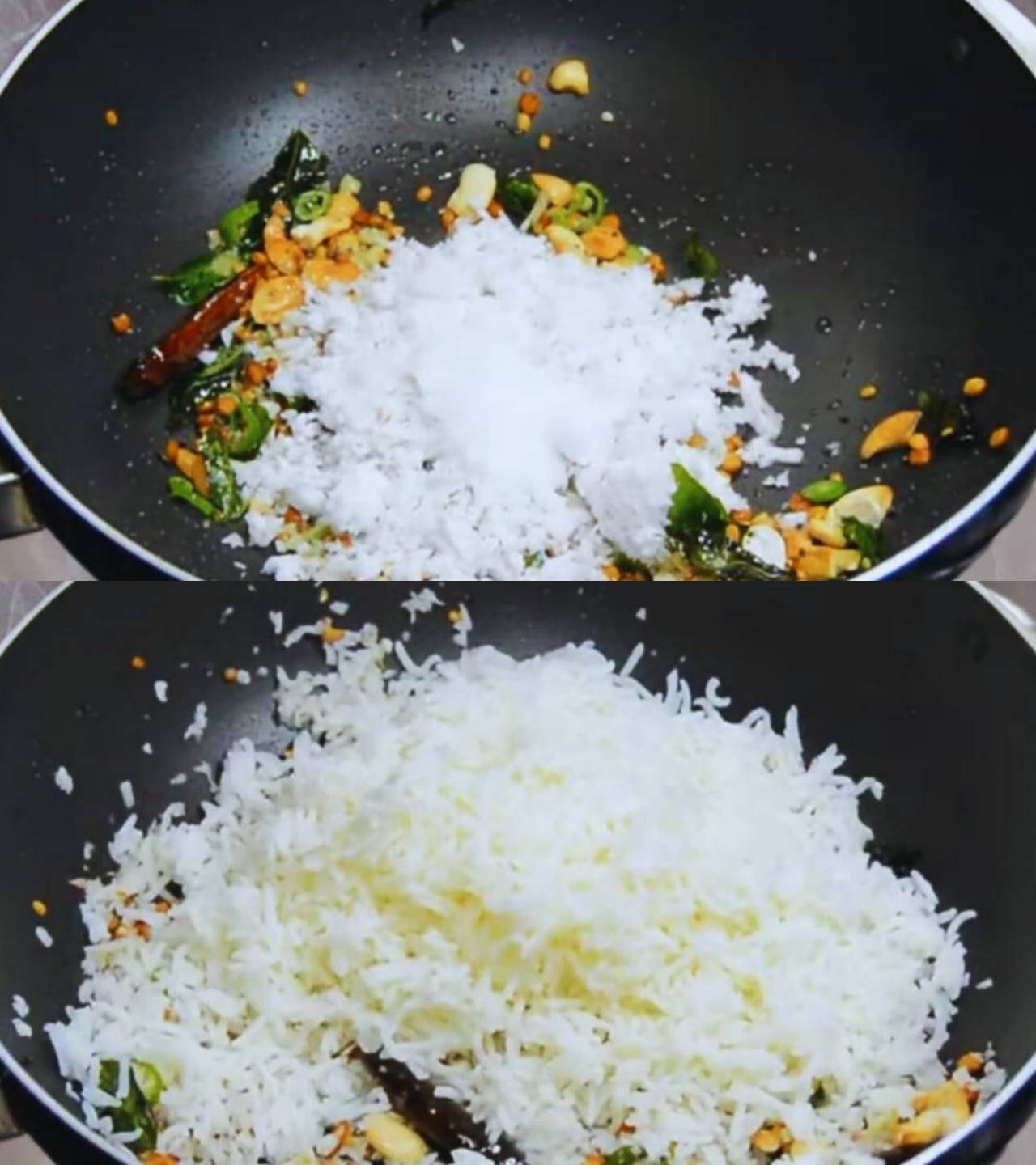 Frying coconut and adding rice 