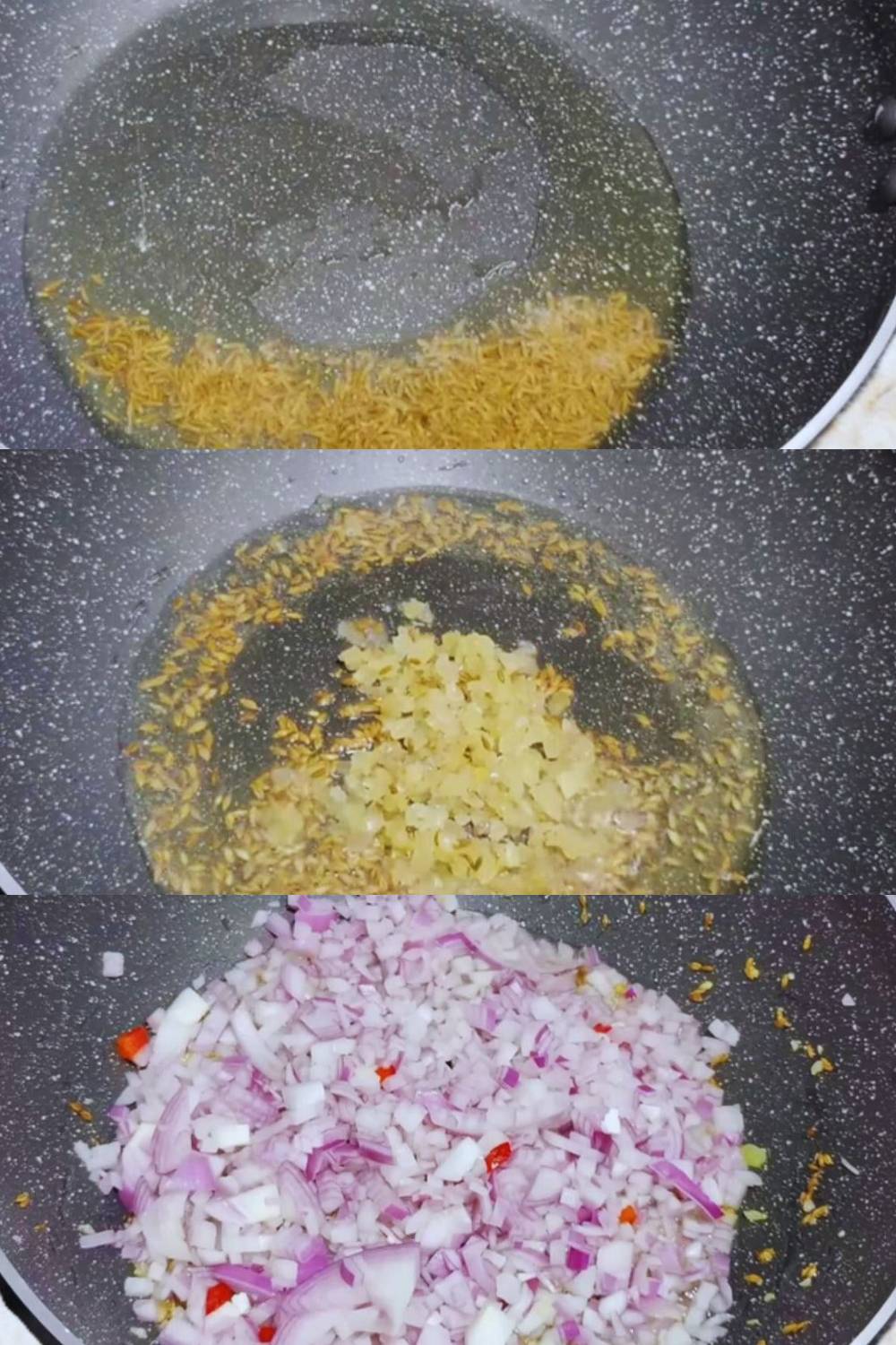 Frying cumin, garlic, onions 