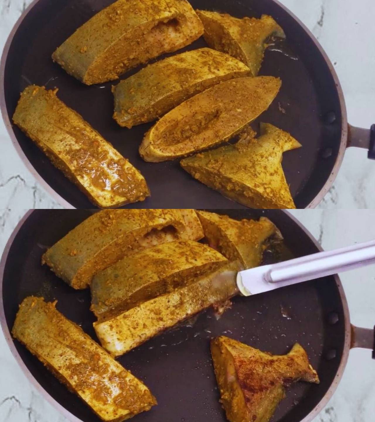 Frying marinated fish 