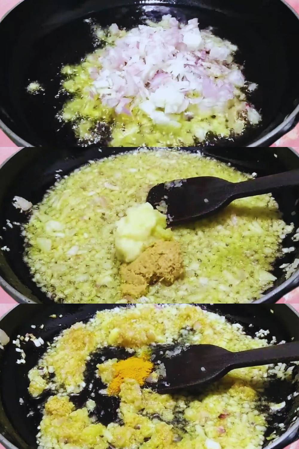 Frying onions, garlic, ginger with haldi 