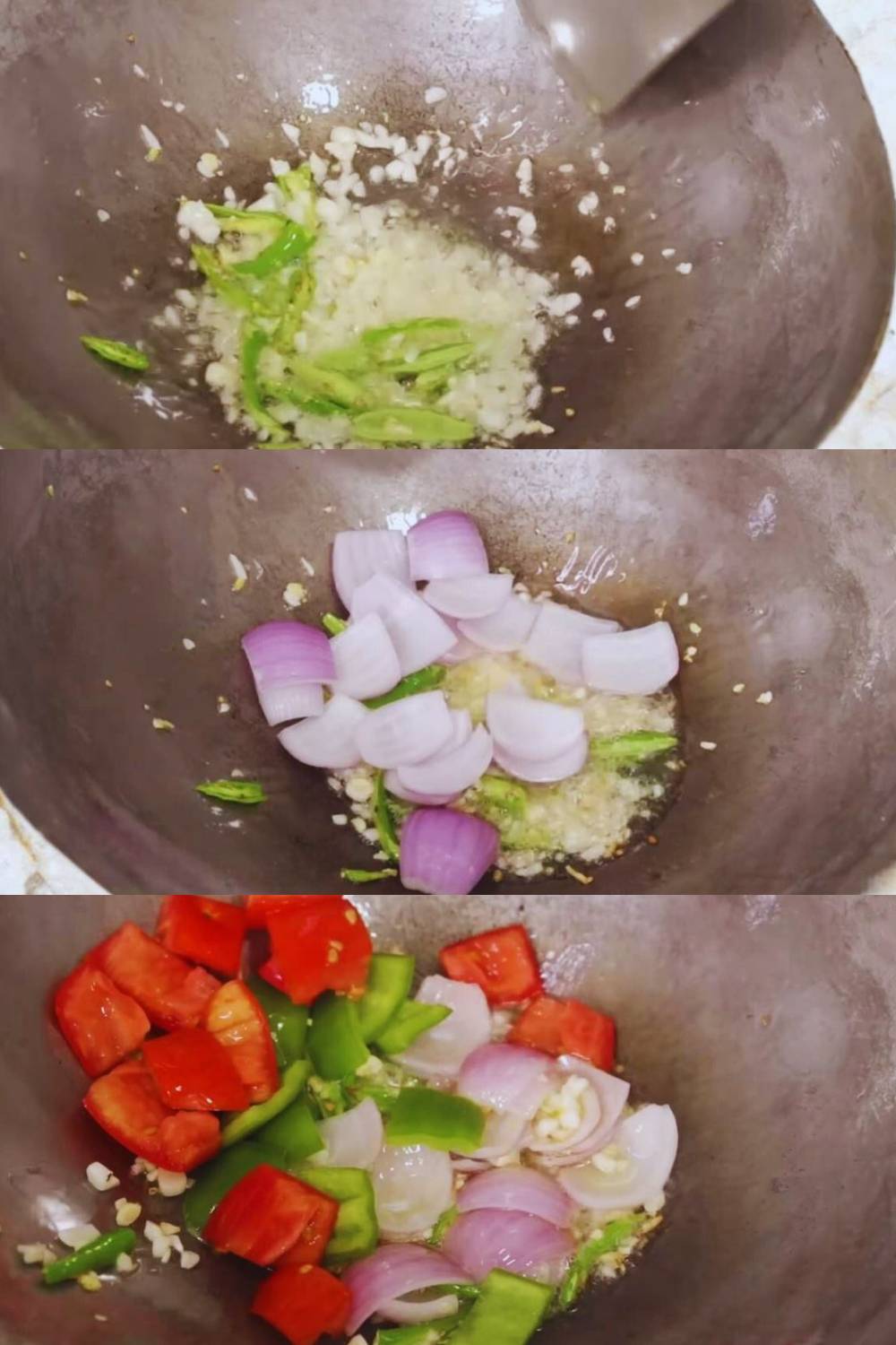 Frying onions, tomatoes, capsicum along with garlic and green chilies