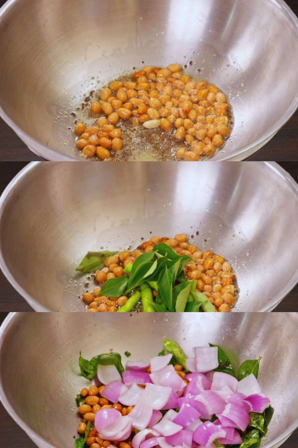 Frying peanuts, onions, chilies, and curry leaves 