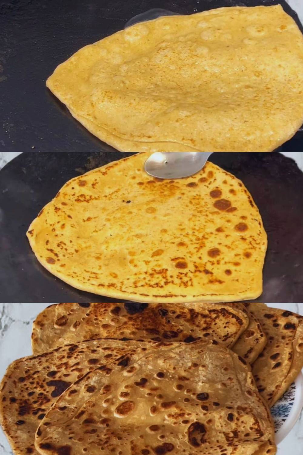 Greasing paratha with oil 