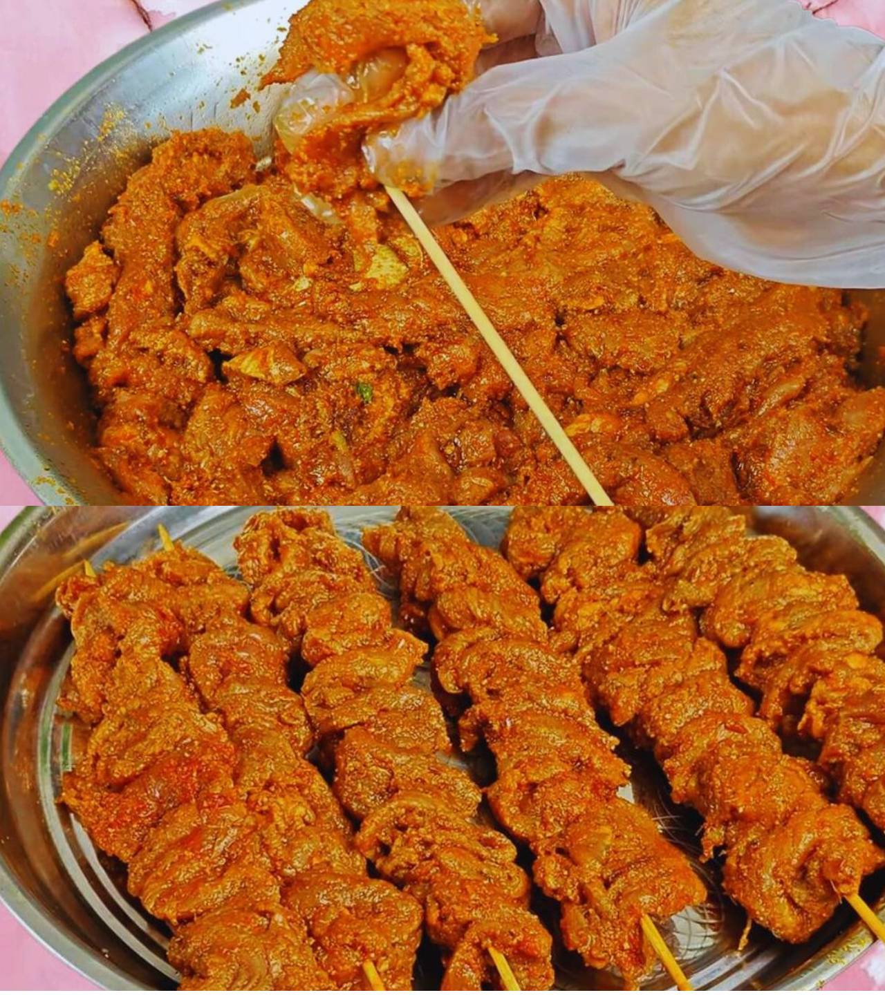 Inserting mutton into skewers 