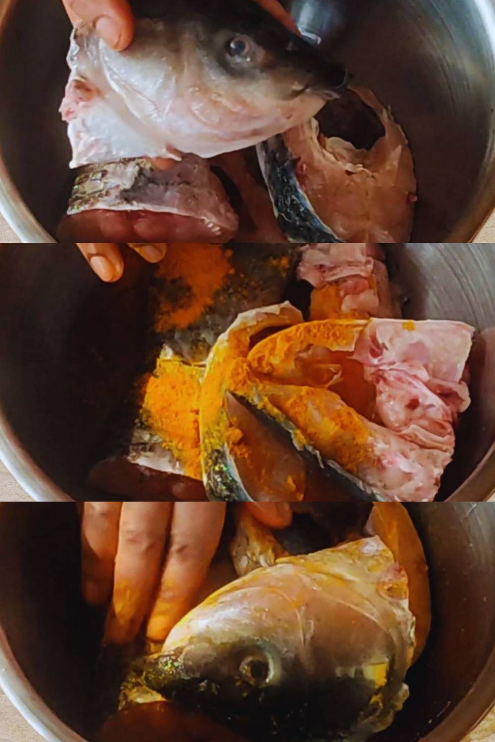 Muri ghonto recipe step 1 Marinating fish head and pieces