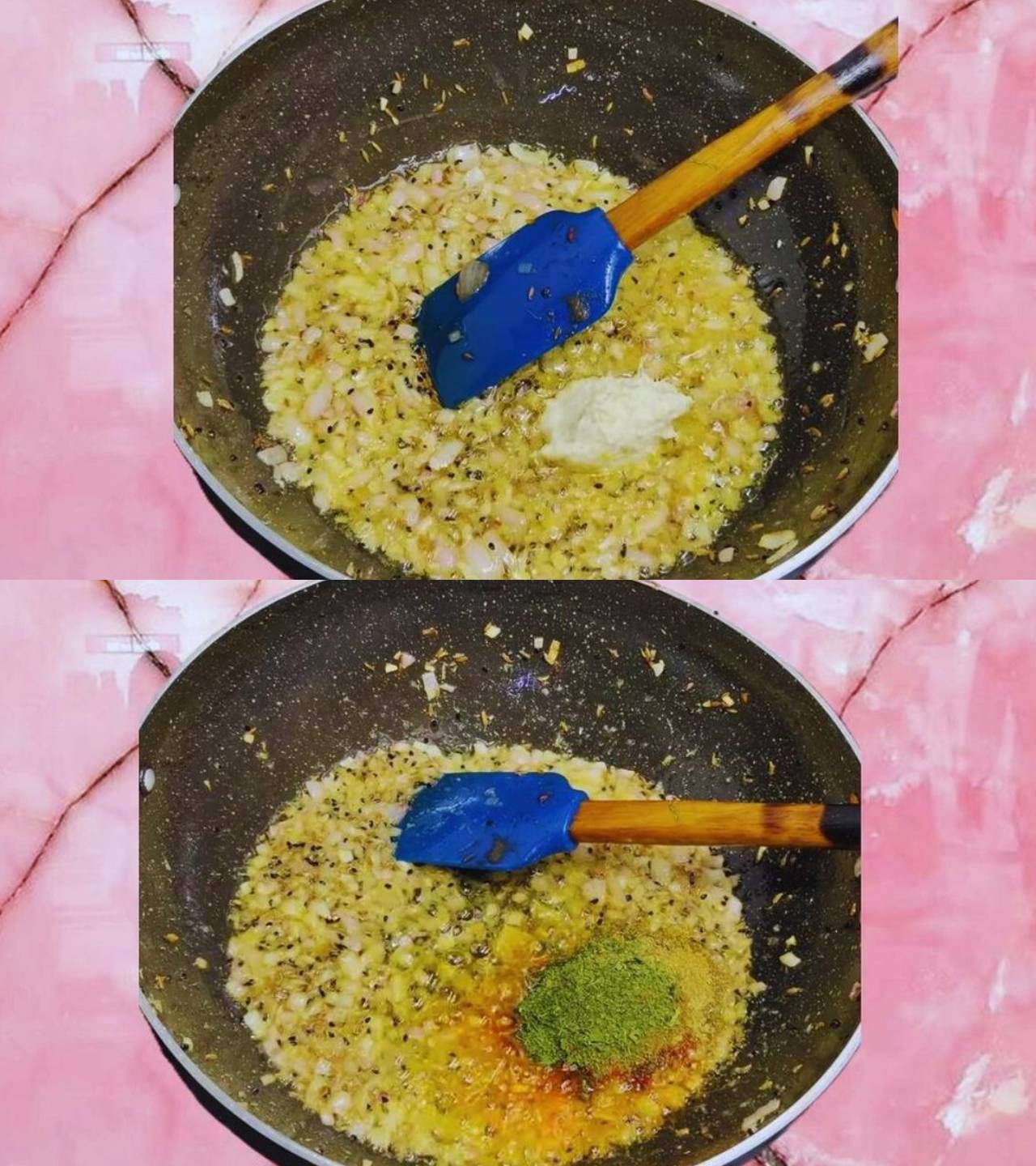 Adding ginger, garlic, and powdered spices 