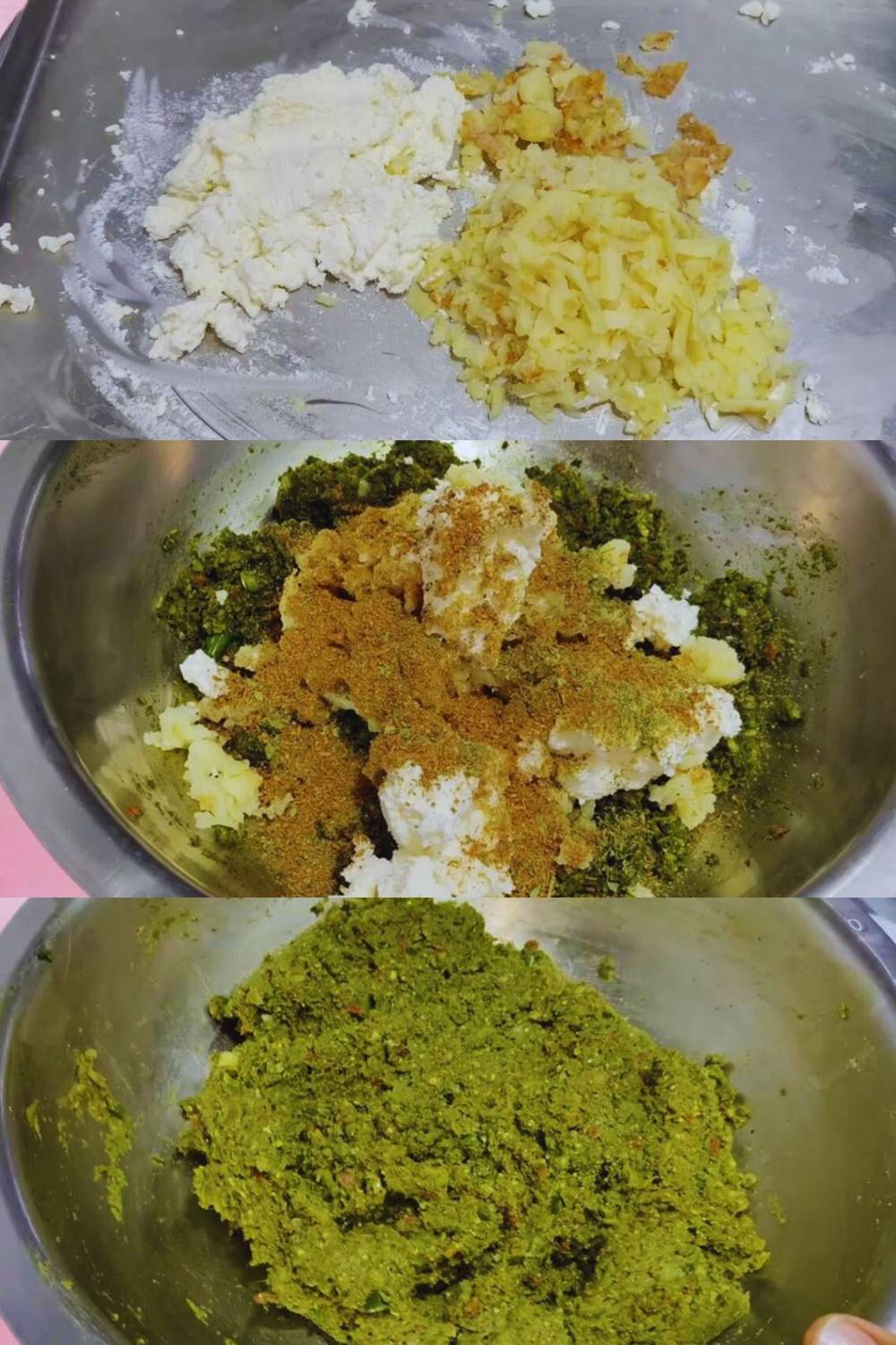 Adding potatoes, paneer and powdered spices to make the kabab mixture 