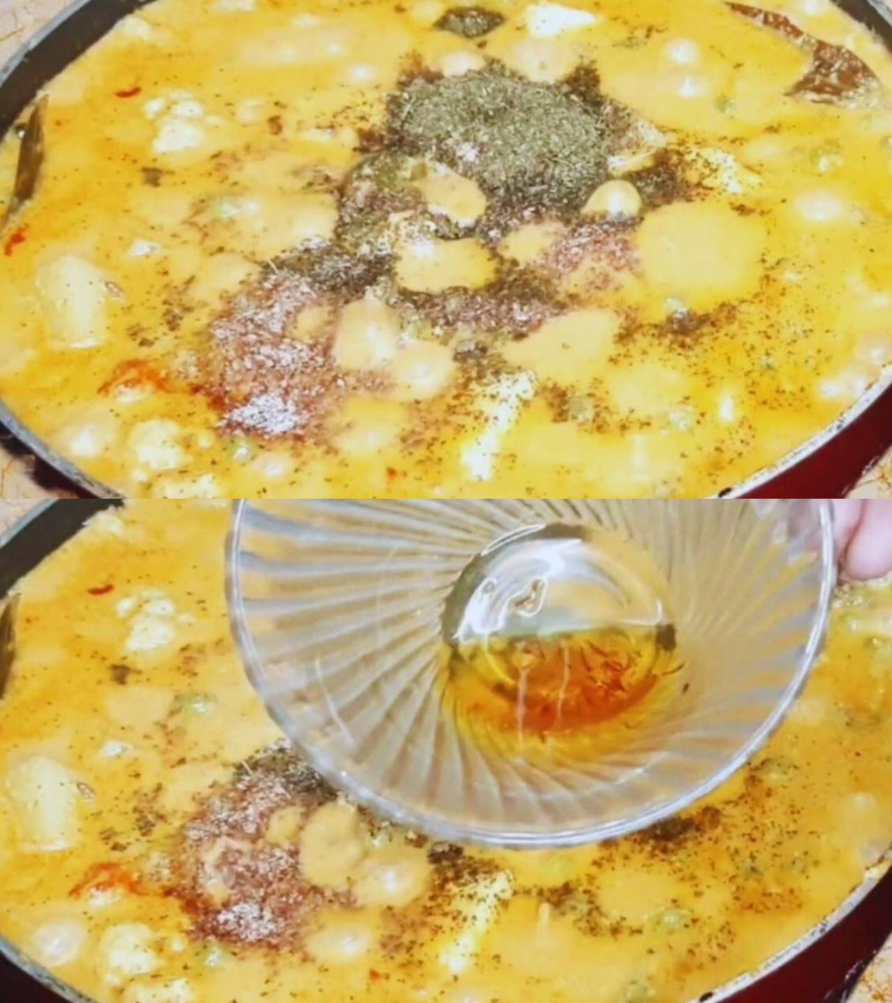 Adding powdered masala and saffron water 