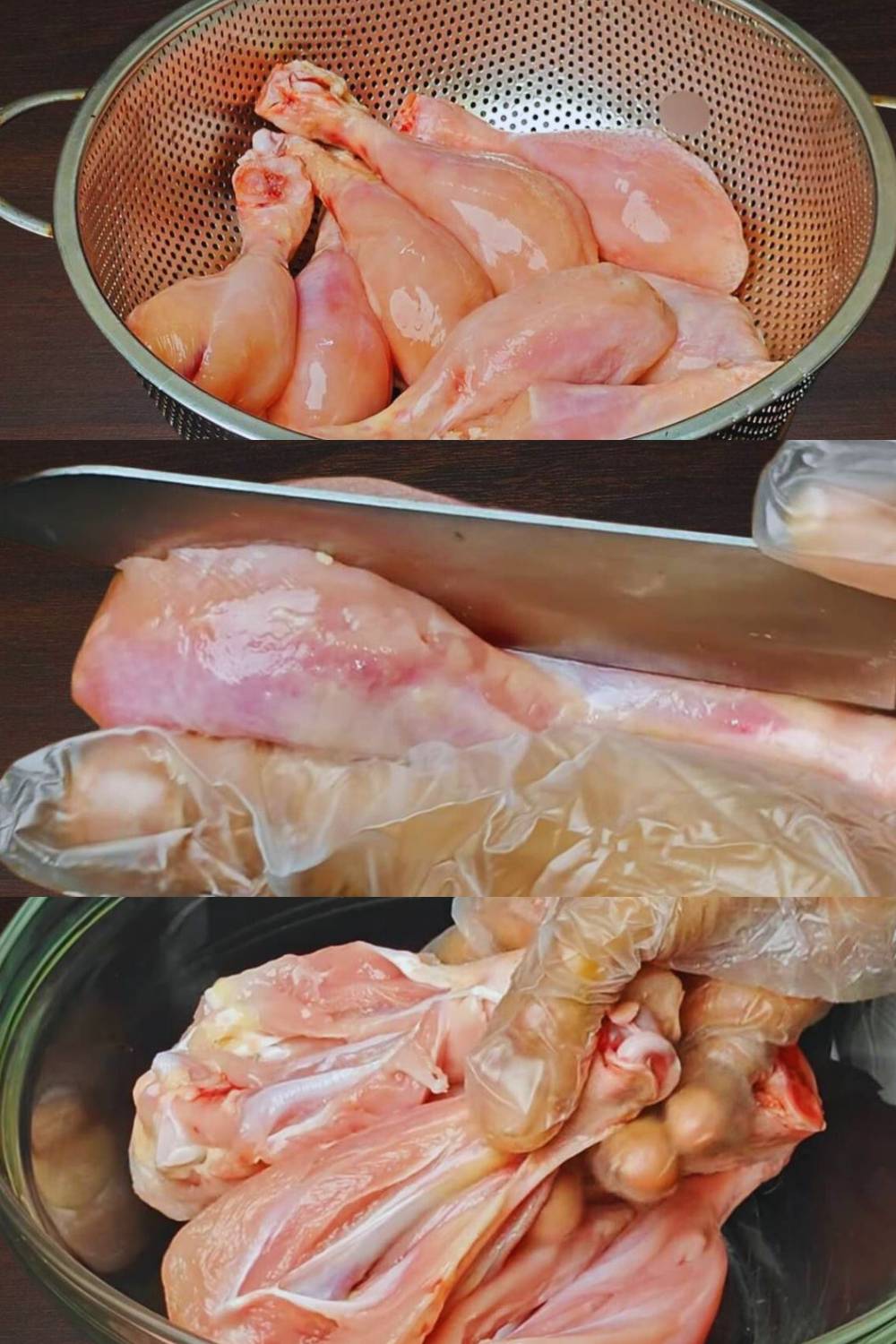 Cutting chicken leg pieces 
