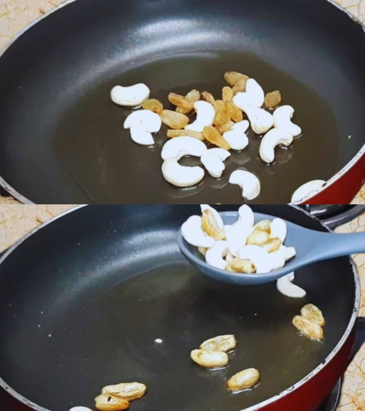 Frying cashew nuts and raisins 