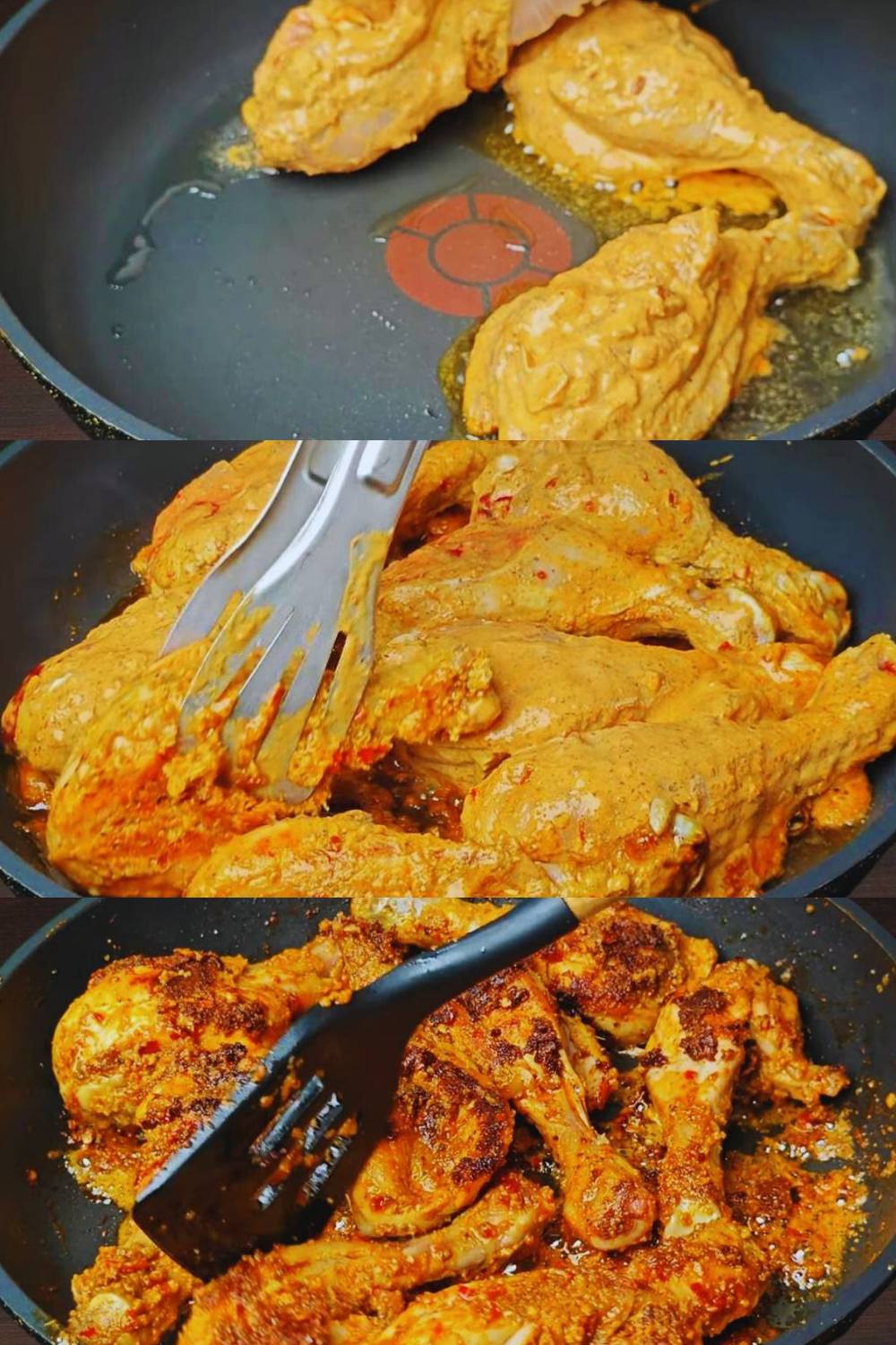 Frying marinated chicken pieces 