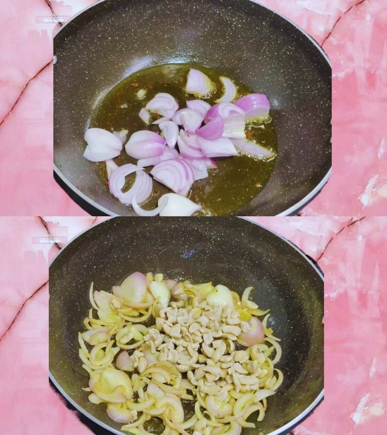 Frying onions and cashew nuts 
