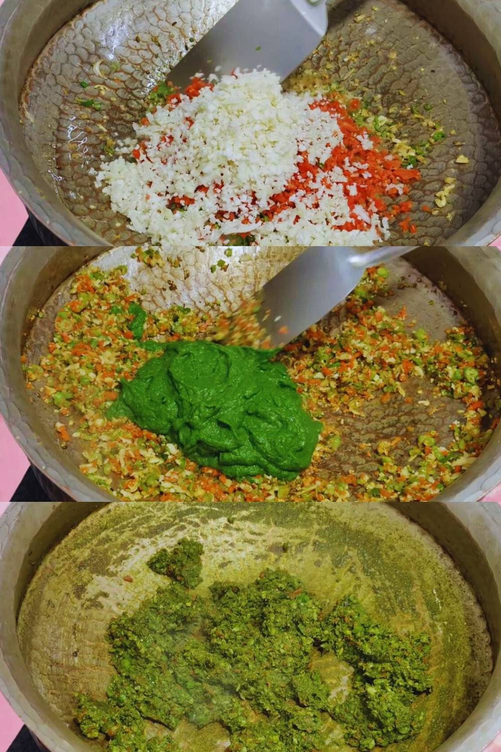 Frying veggies and green paste 
