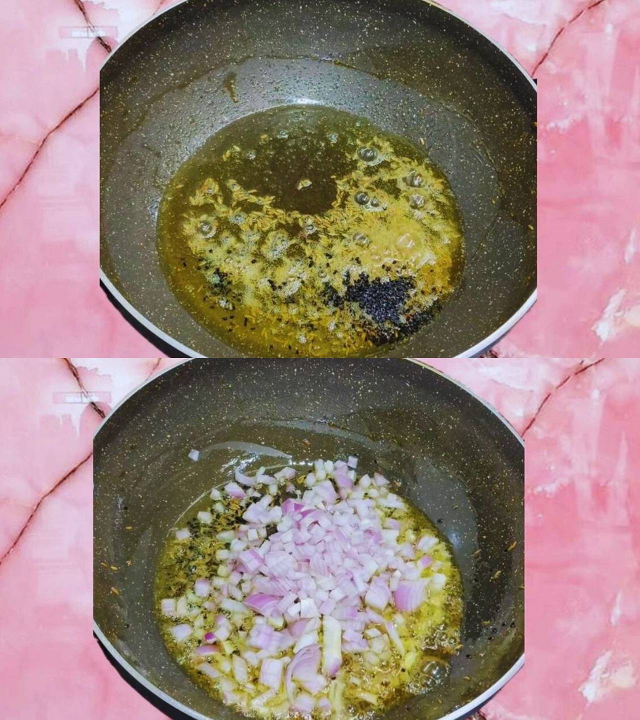 Frying whole spices and onions 