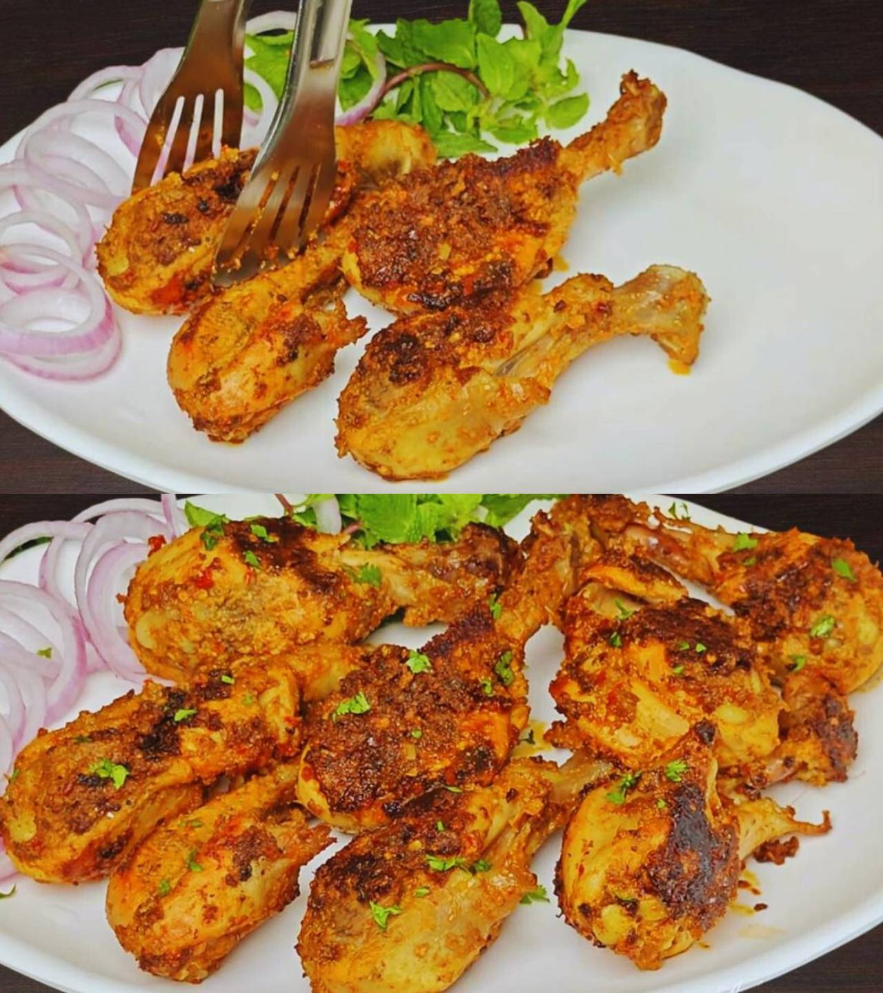 Transferring and garnishing Chicken Kalmi Kabab 