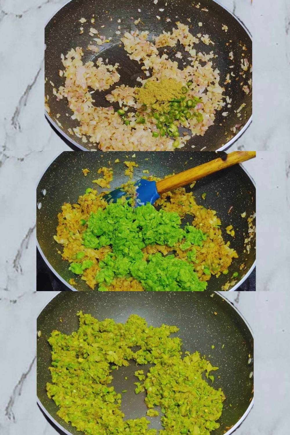 Adding chilies, spices and green peas