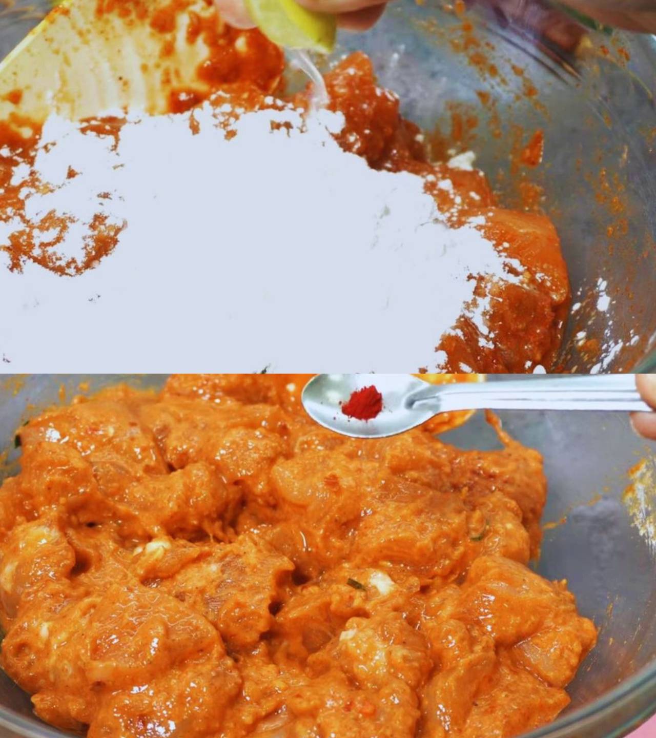 Chicken 65 recipe step 2 Adding flour, lemon juice and fruit color