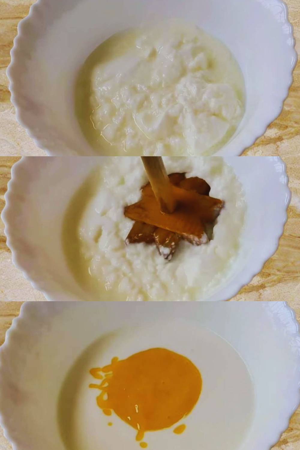 Adding mango paste to whisked curd