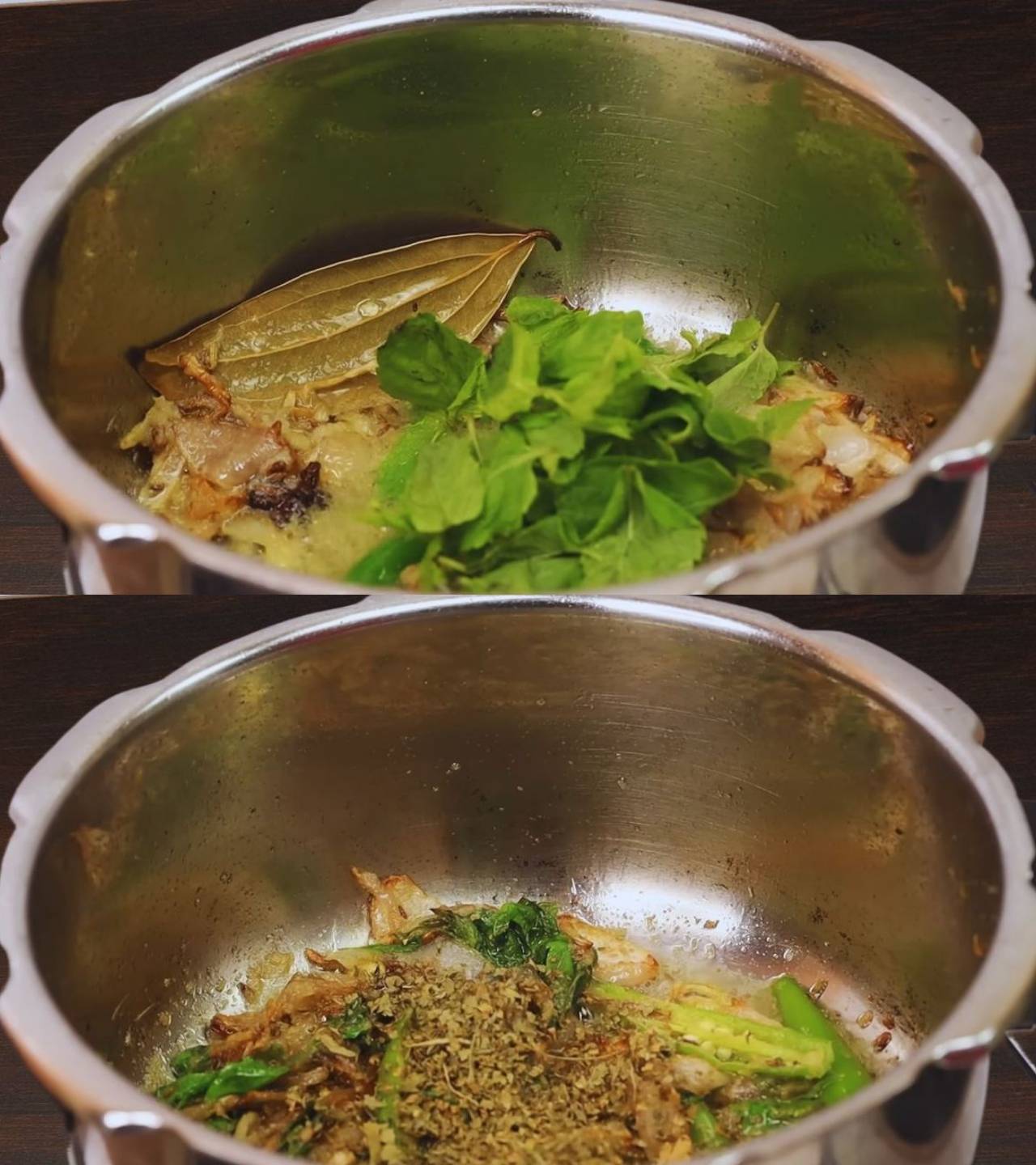 Adding mint leaves and Kasuri methi 