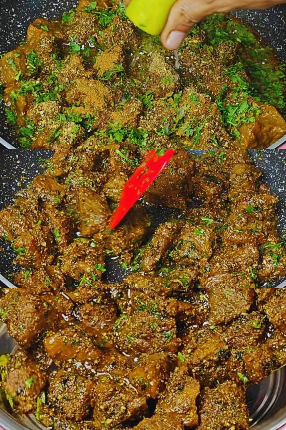 Adding spice mix, lemon juice and coriander leaves 