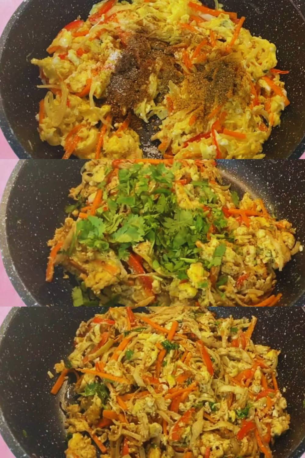 Egg spring roll recipe step 3 Adding spices and coriander leaves
