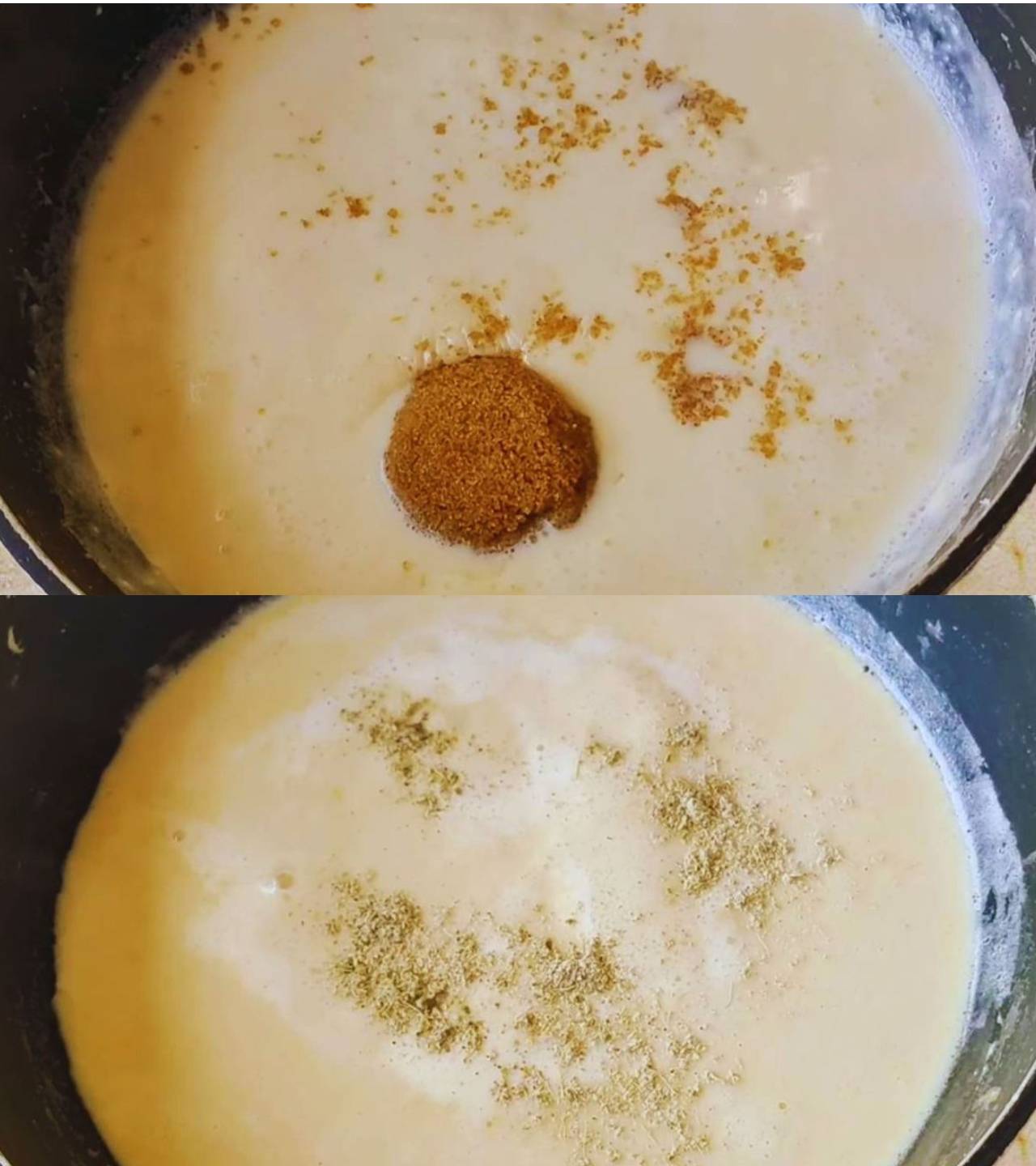 Adding sugar and cardamom powder 