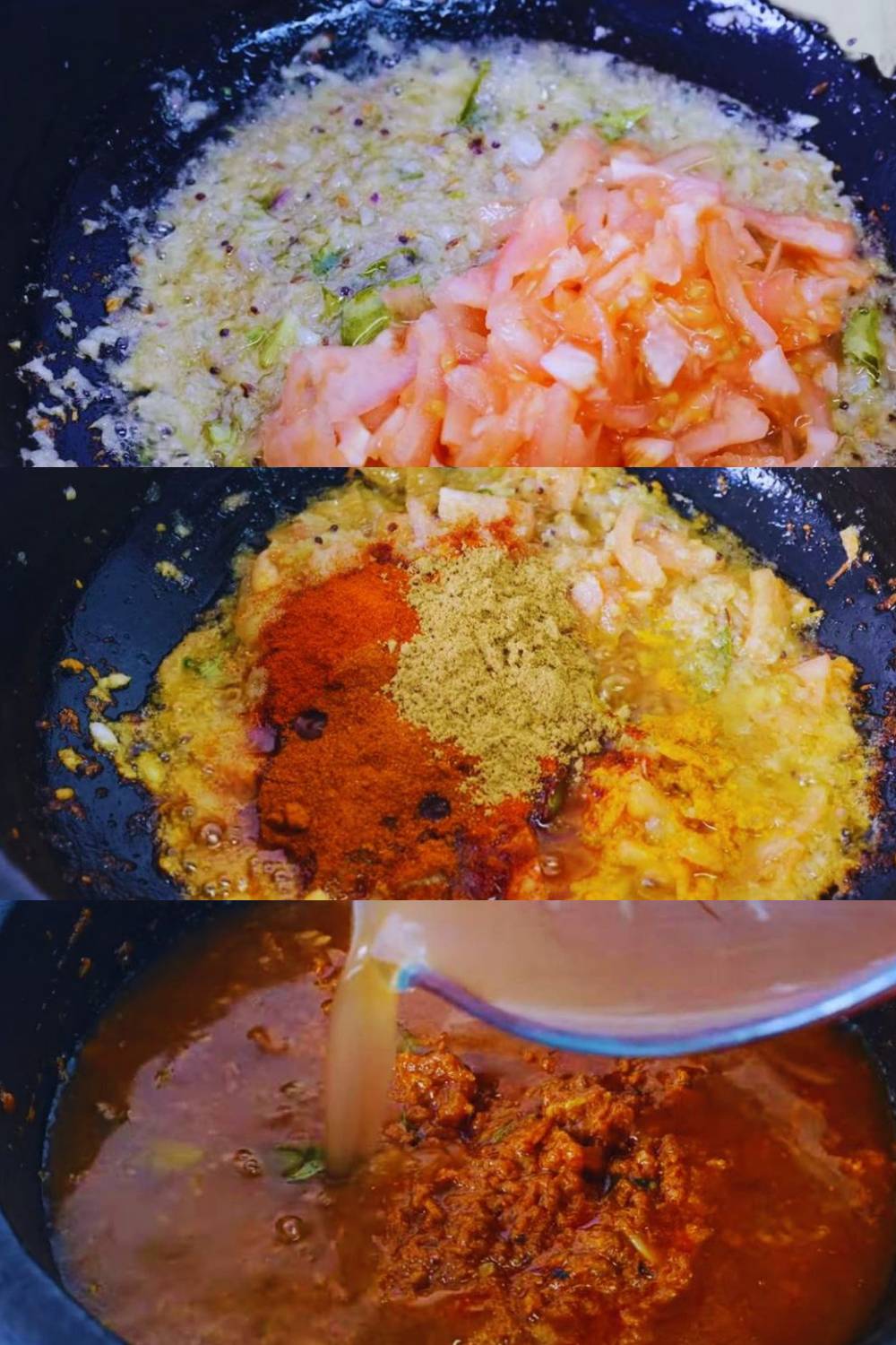 Adding tomatoes, spices and tamarind water 